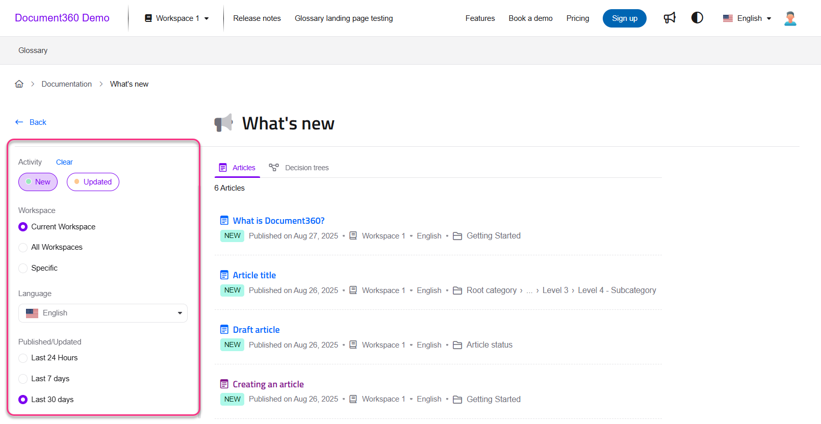 Document360 interface showing recent articles and filtering options for workspace activity.