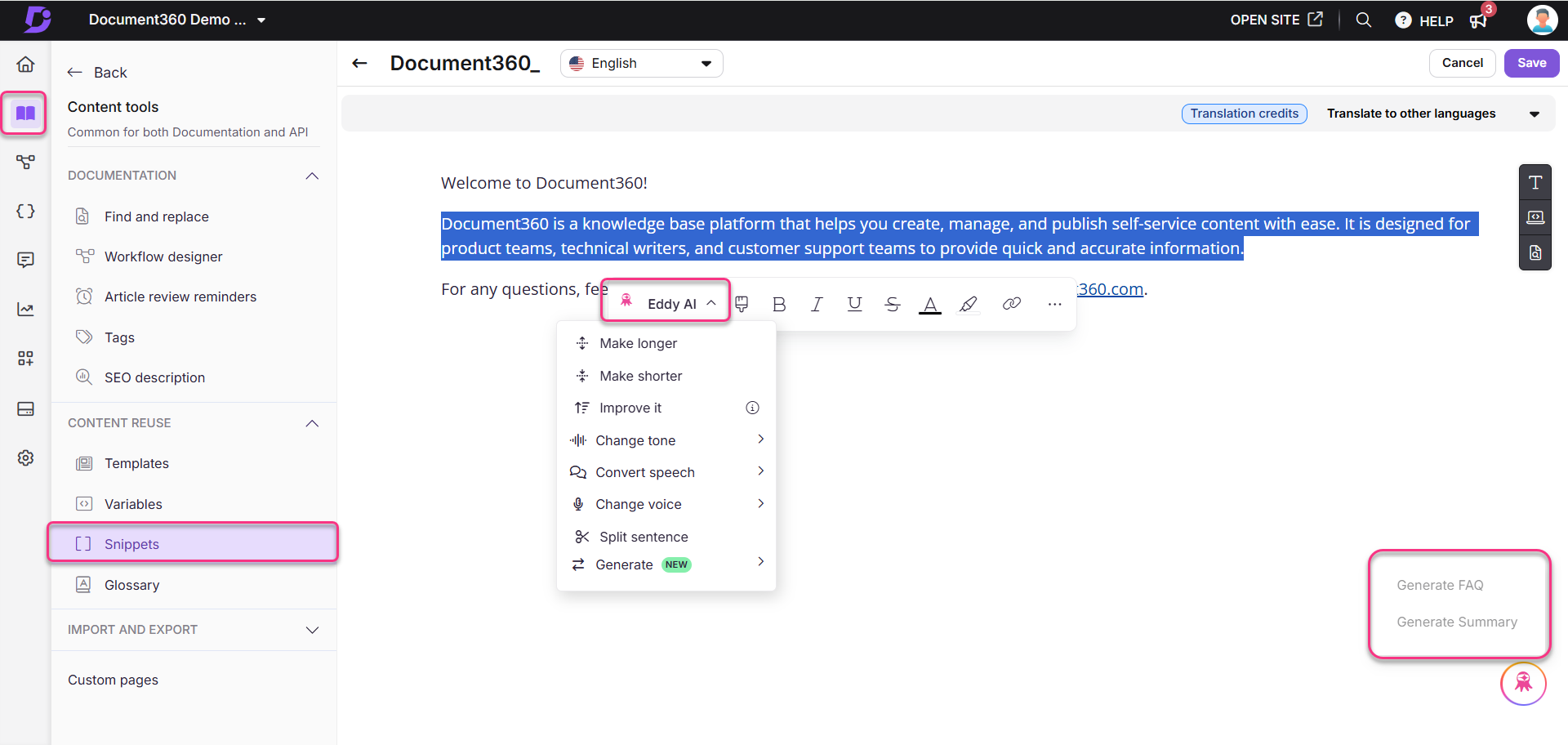 Document360 interface showcasing content tools and AI features for knowledge base management.