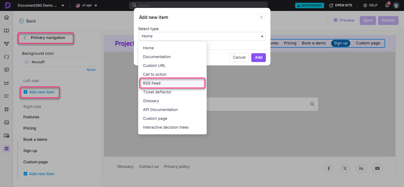 Adding a new item to the primary navigation with RSS Feed option highlighted.