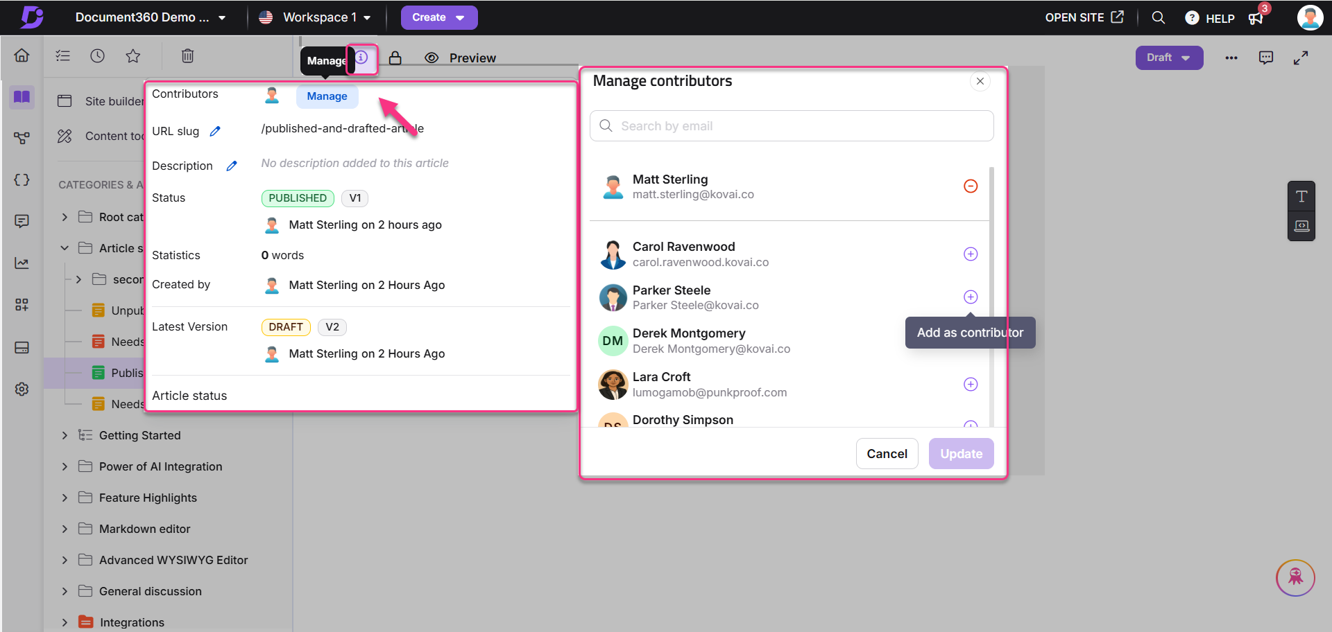 Manage contributors section showing user details and options to add contributors.