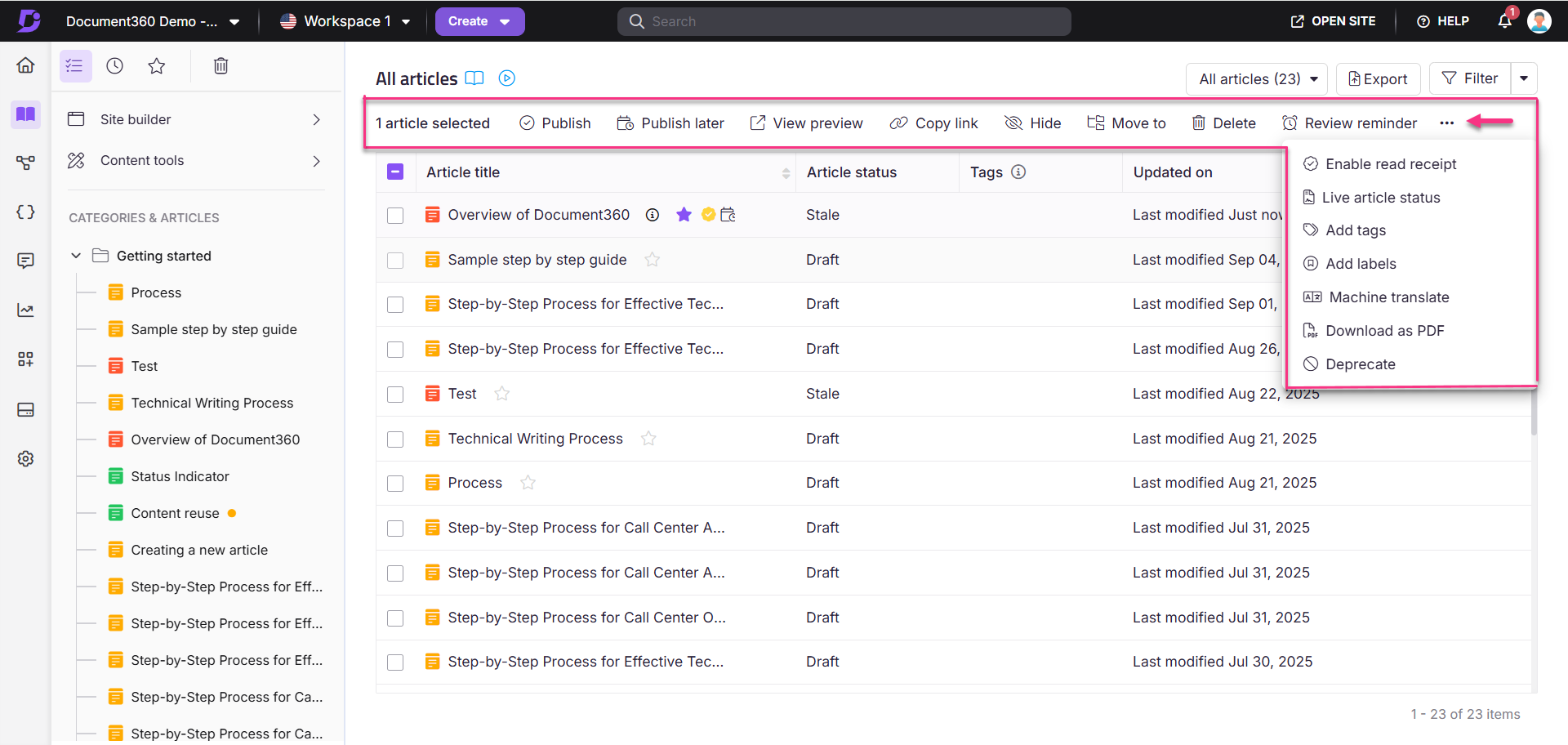 Document360 interface showing selected articles and available actions for managing content.