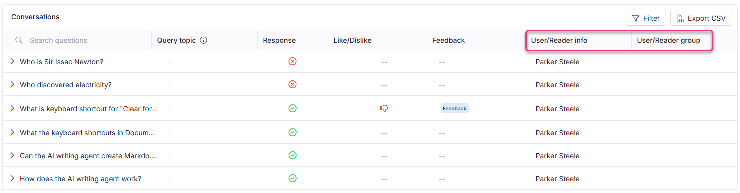 List of user queries and responses in a conversation format with feedback options.