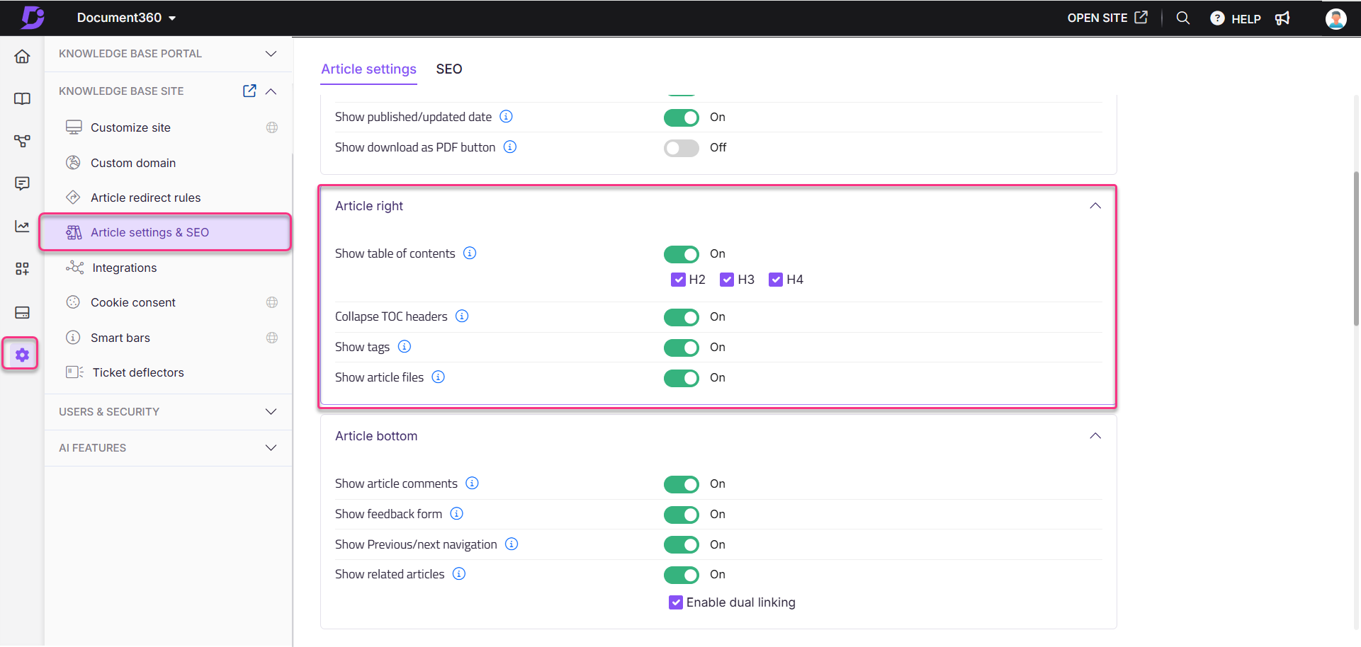 Settings for article visibility, including options for table of contents and comments.