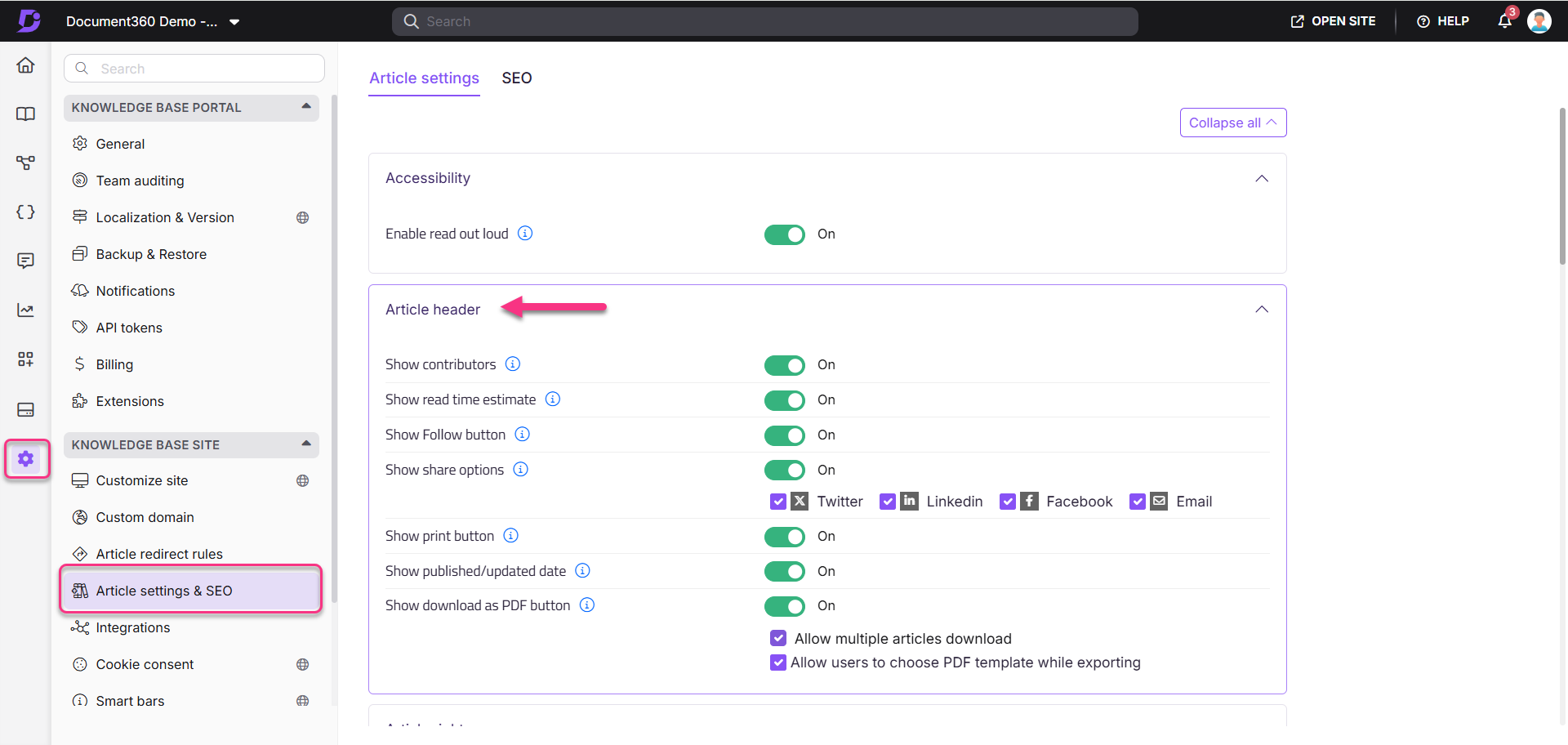 Settings for article header and SEO options in a knowledge base portal interface.