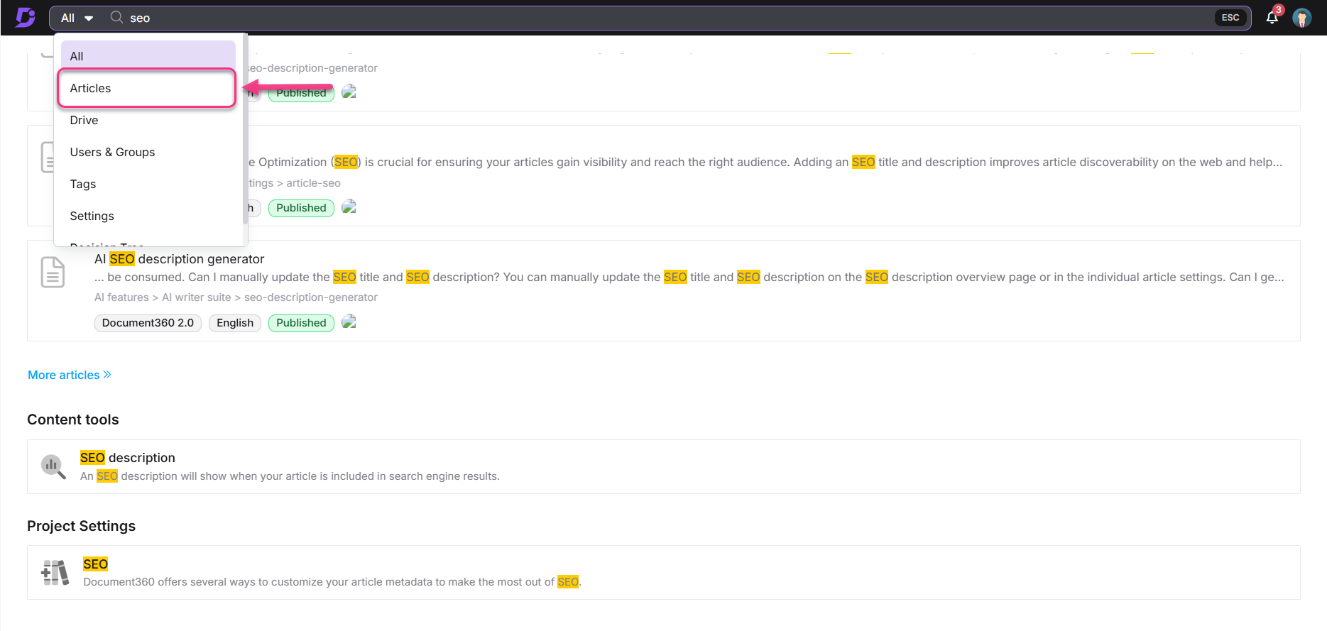 Overview of SEO tools and settings for optimizing article visibility and descriptions.