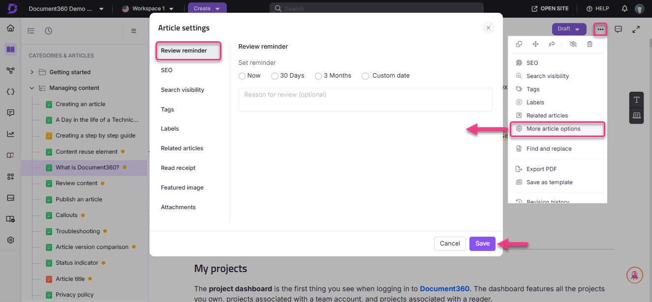 Settings menu showing article review reminder and options for saving changes.