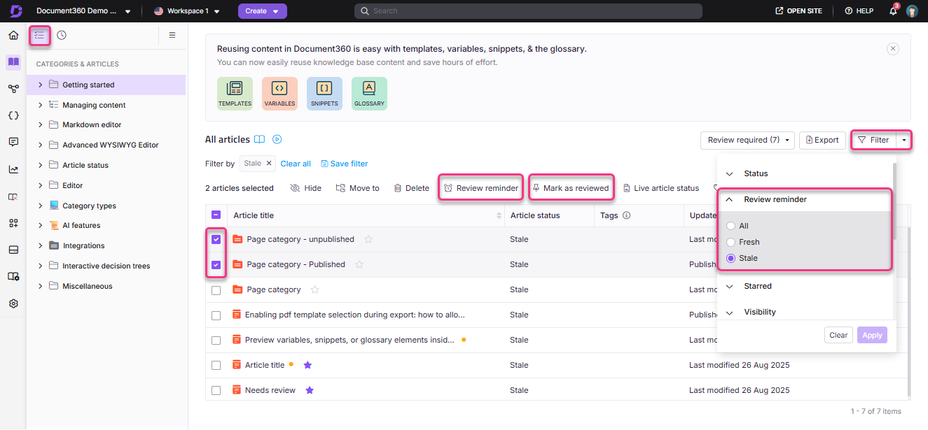 Document360 interface showing article categories, review reminders, and filtering options for articles.