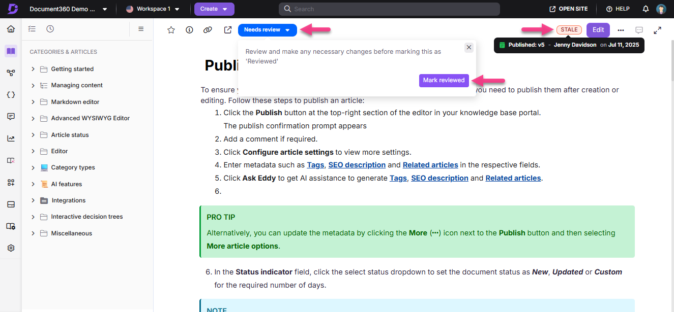 Instructions for publishing an article with highlighted steps and tips for users.