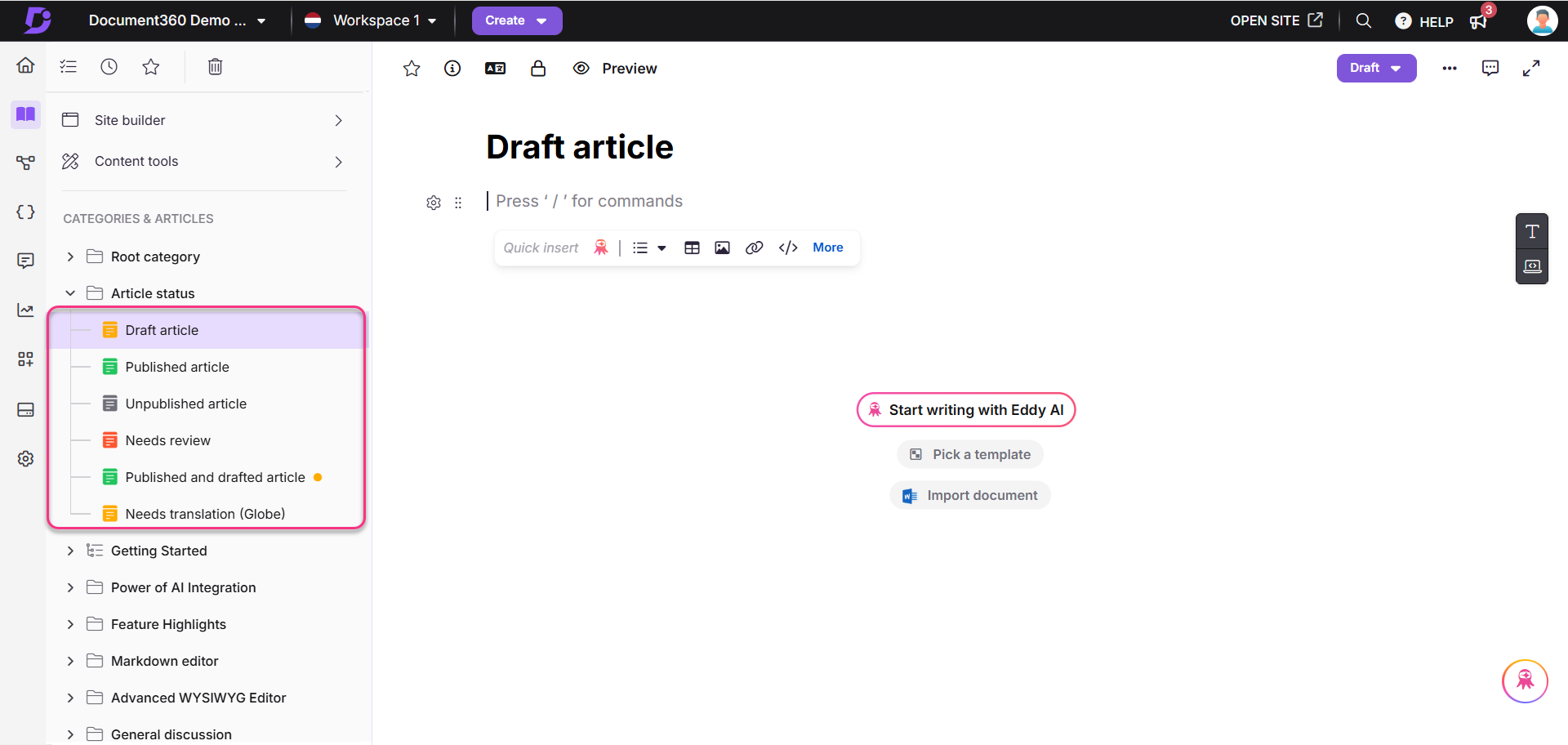 Draft article section highlighted with options to start writing and import documents.