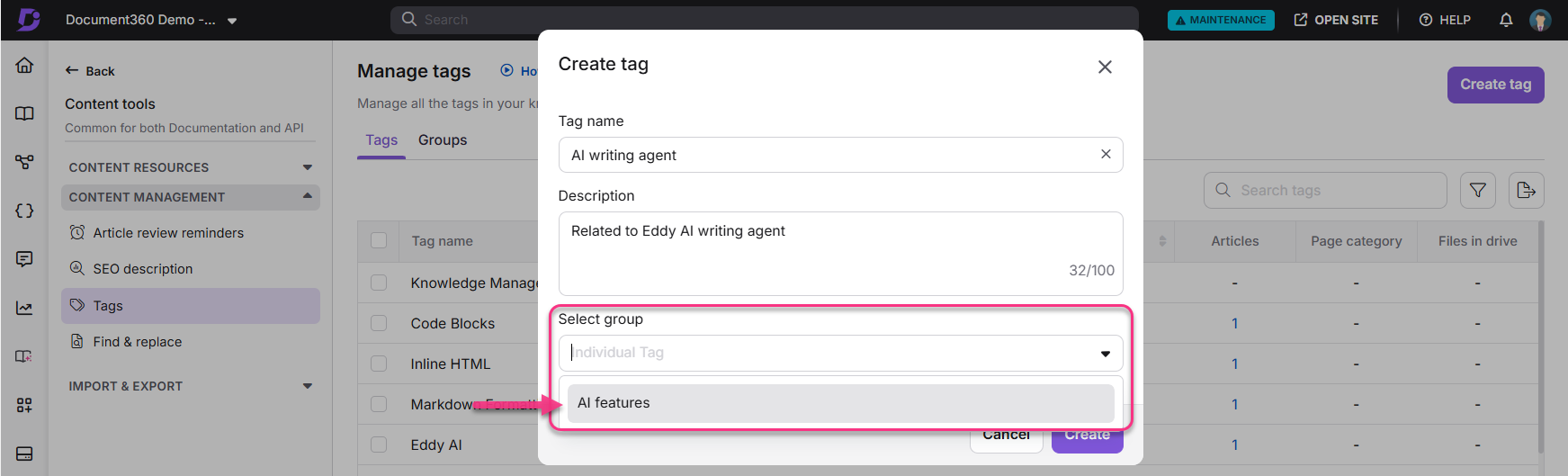 Creating a tag for AI writing agent with group selection in content management.