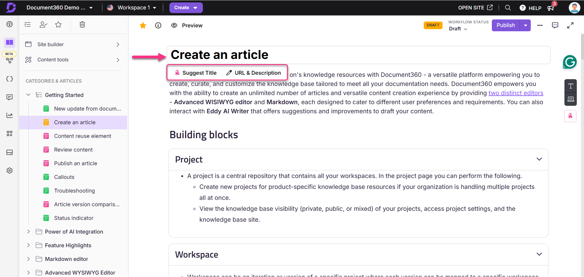 Document360 interface shows how to update the article name in the Advanced WYSIWYG editor.