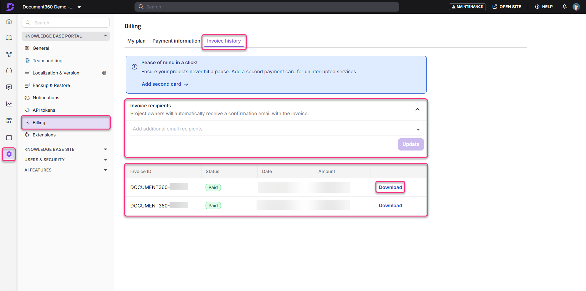 Billing section showing invoice history and download options for project invoices.