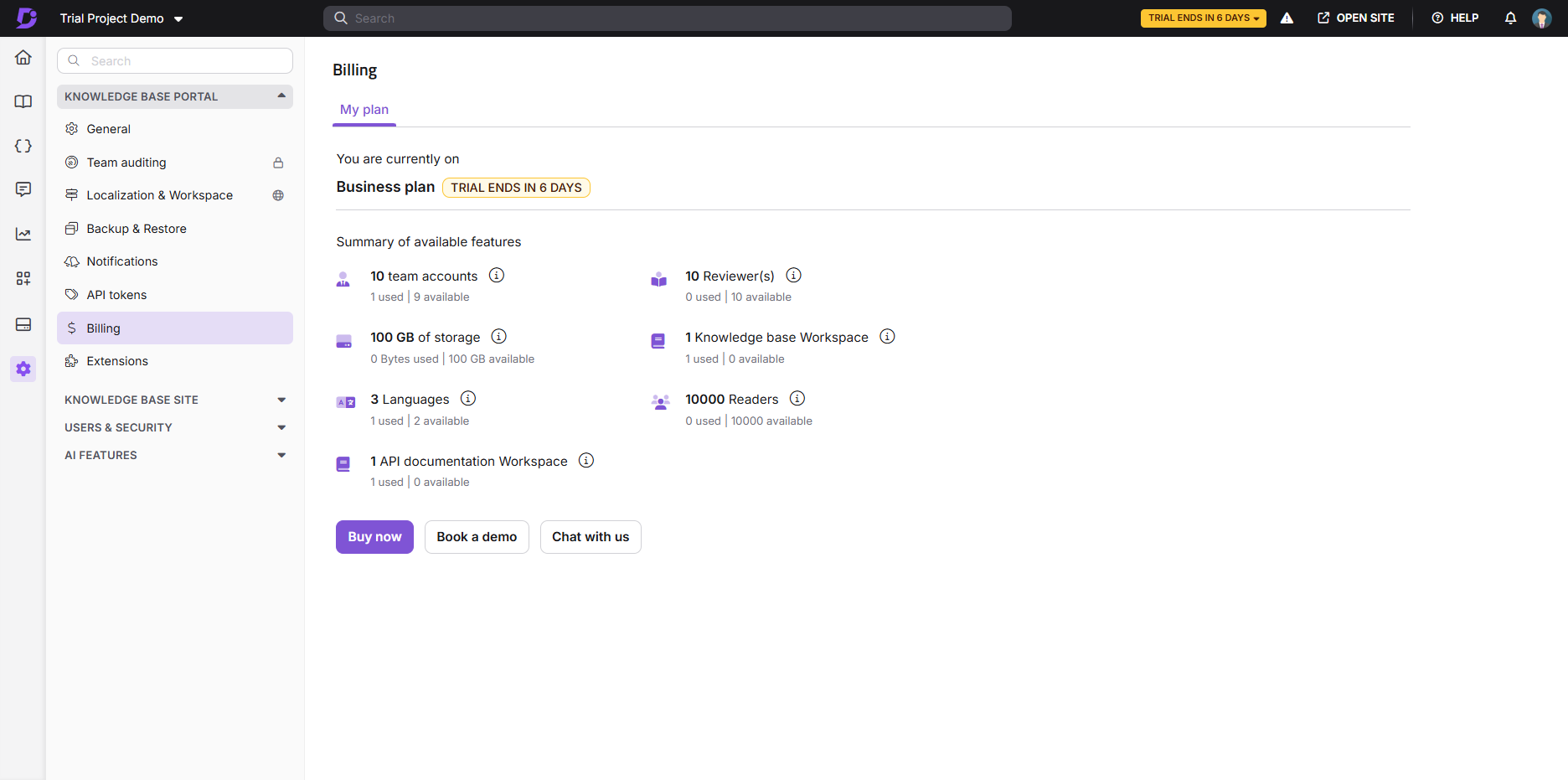 Billing page showing trial details and available features for the business plan.