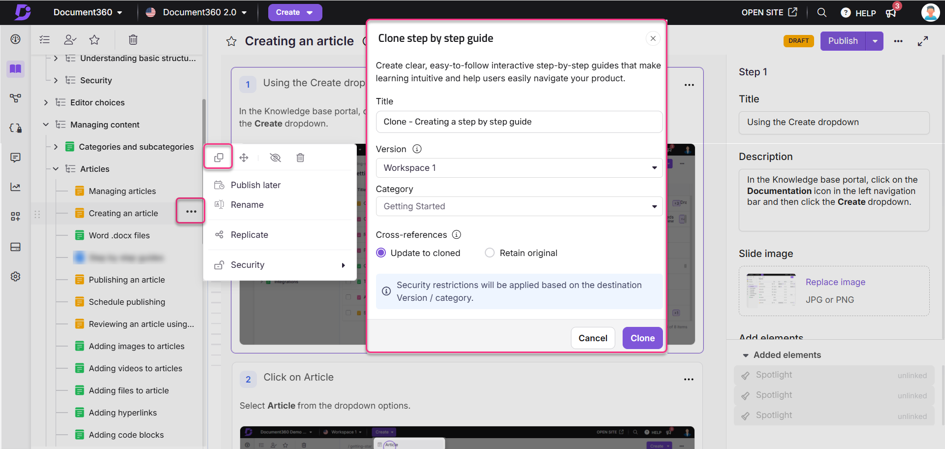 Guide for cloning articles in Document360 with highlighted options and steps.