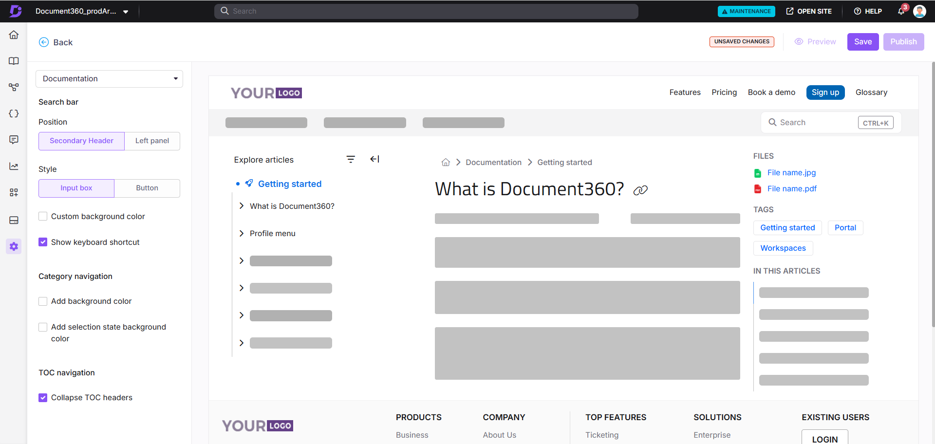 User interface of Document360 showing navigation and article sections for documentation.