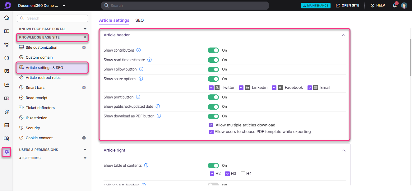 Settings for article header and sharing options in a knowledge base platform.