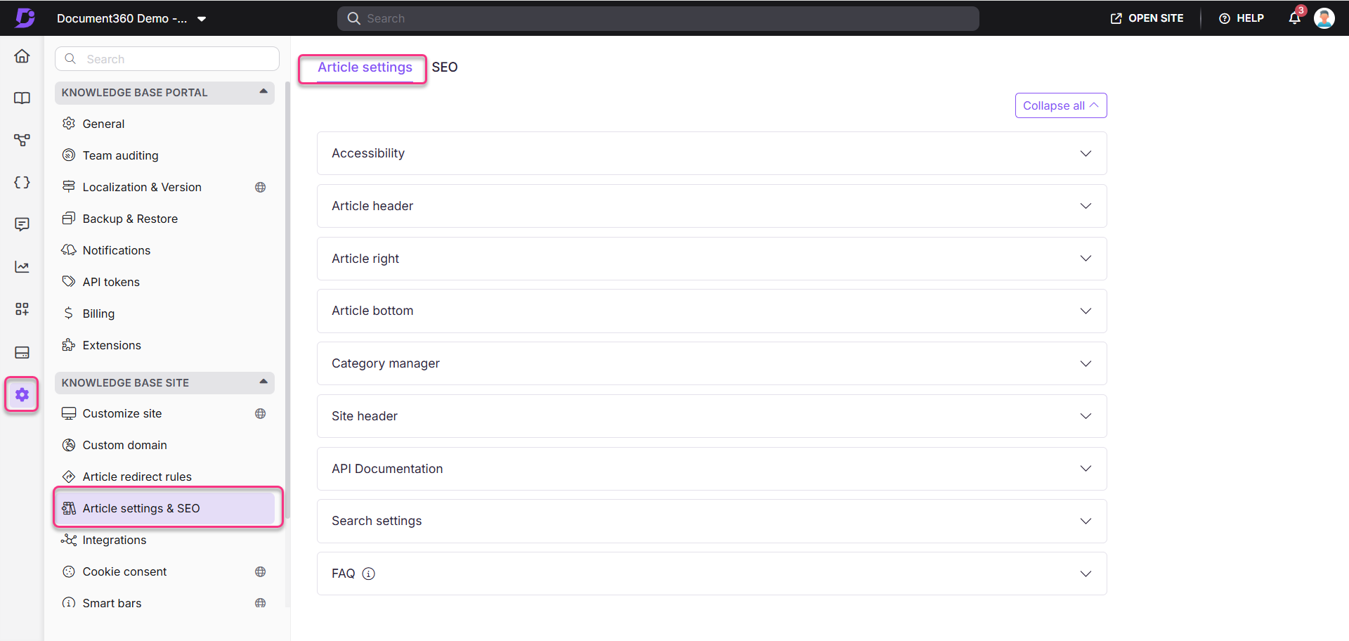 Settings menu displaying article settings and SEO options for knowledge base management.