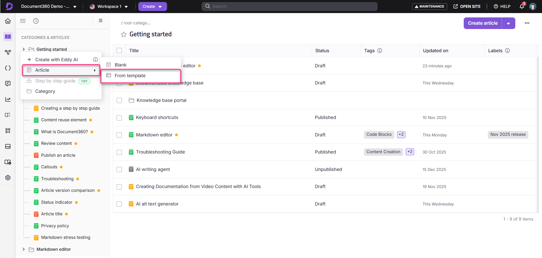 Document360 interface showing article creation options and categories for content management.