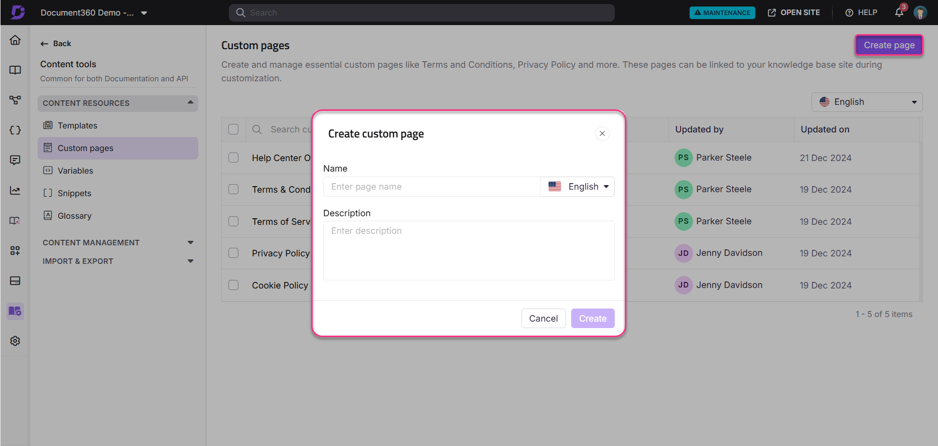 Create custom page - figma.png Interface for creating custom pages with options for name and description input.