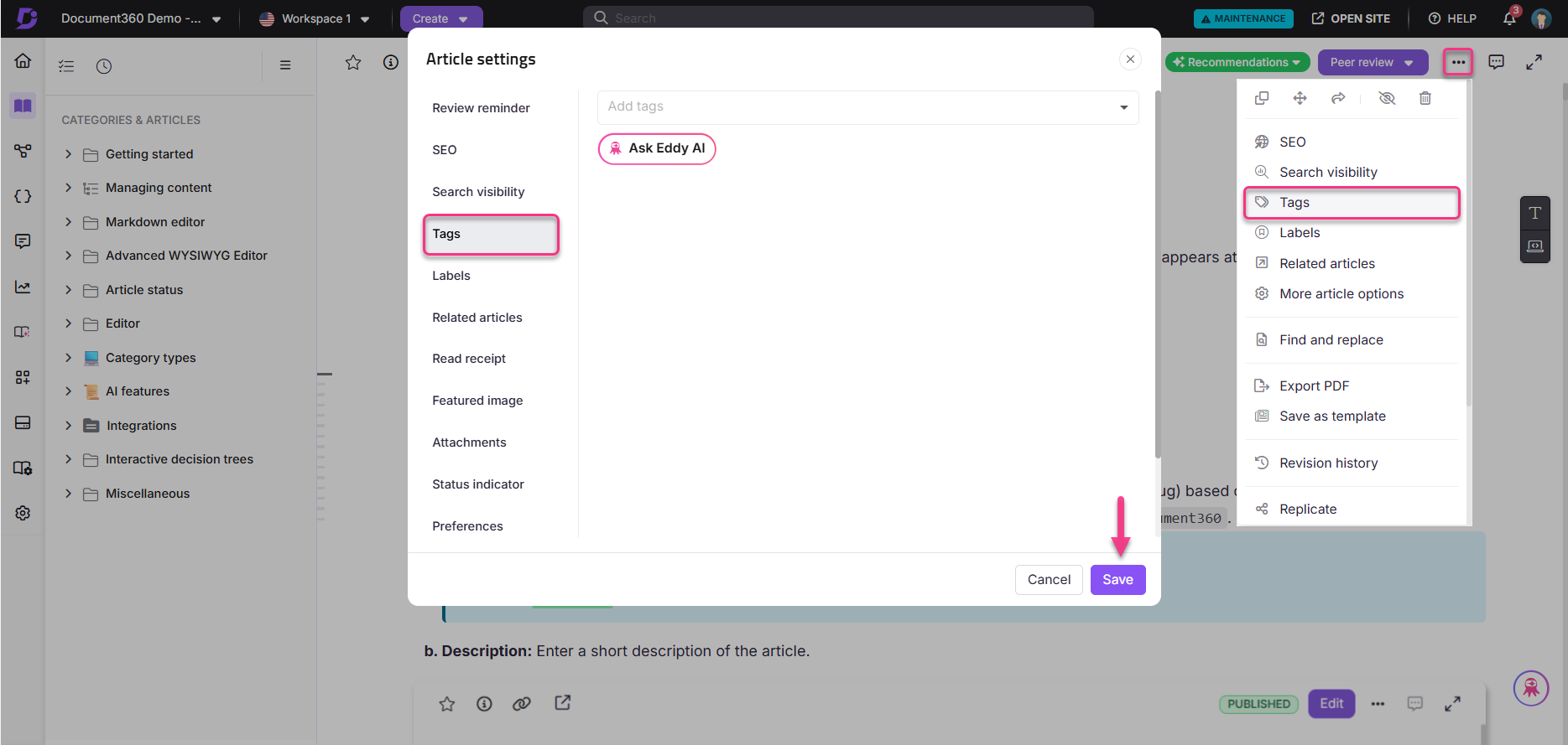 Settings menu for article management, highlighting tags and save options.