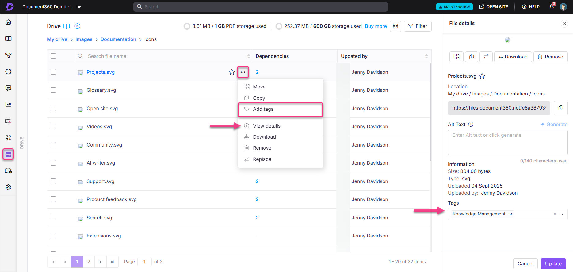 User interface showing file management options and details for Projects.svg in Document360.