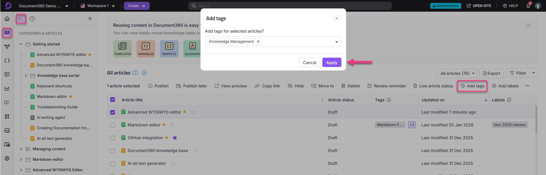 Interface for adding tags to selected articles in Document360 knowledge base.