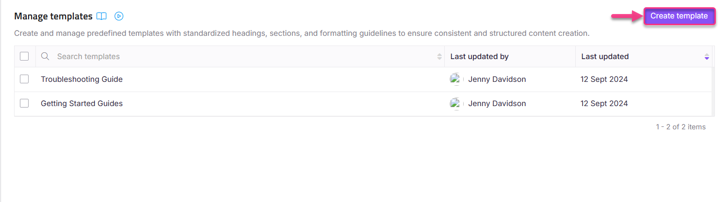 Manage templates section with options to create and search predefined templates.