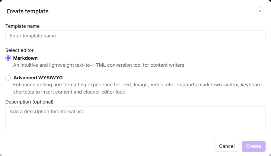Template creation interface for selecting editors and adding descriptions for content writing.
