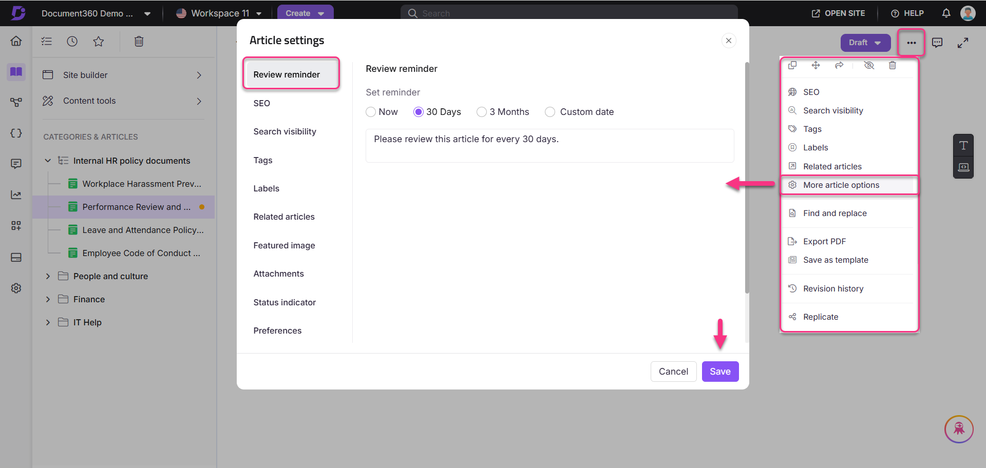 Settings menu for article review reminders and additional options in a document editor.