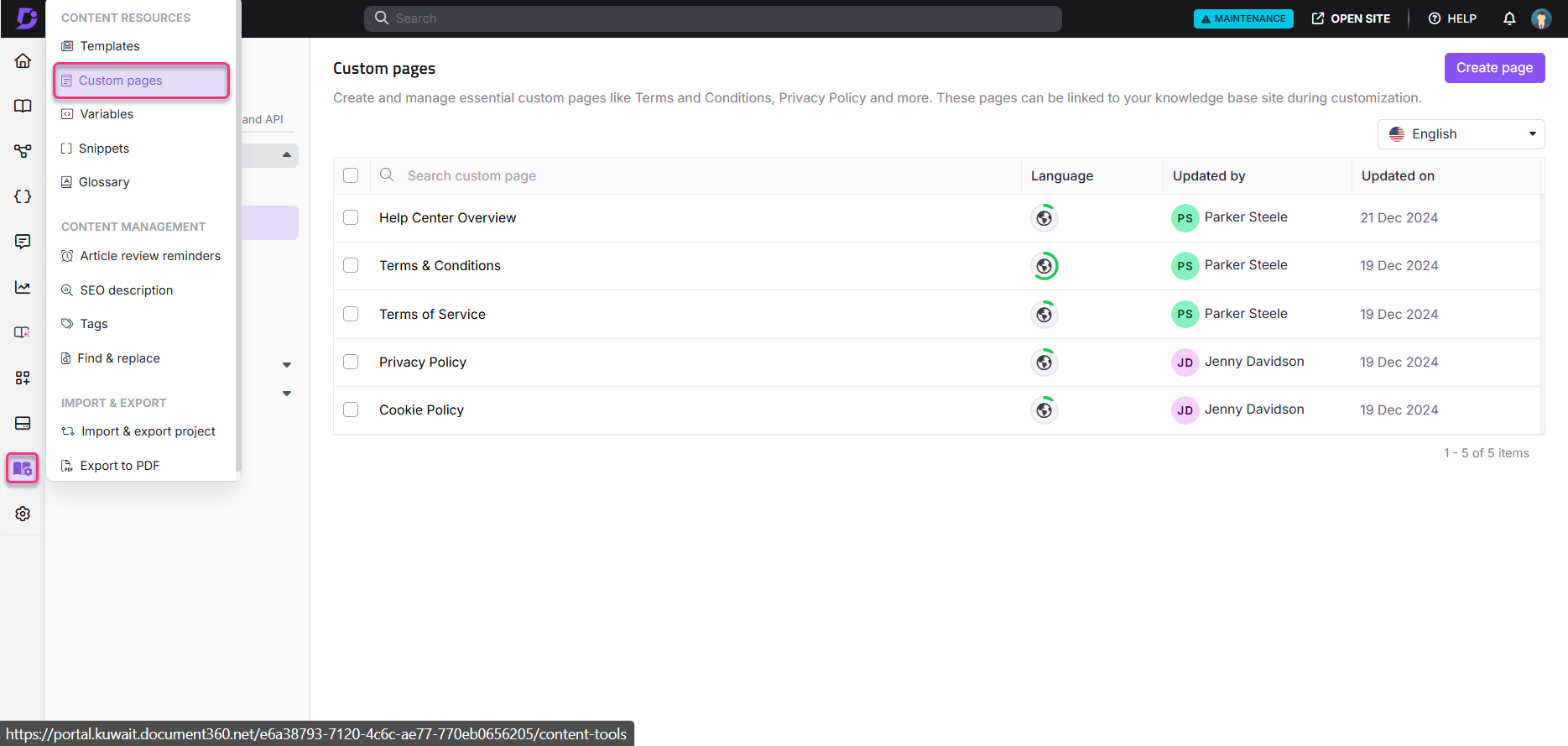 Custom page overview - figma(1).png Overview of custom pages management with options for editing and exporting documents.
