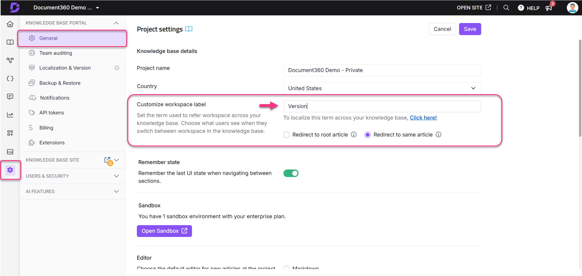 Settings page showing customization options for workspace label in Document360.