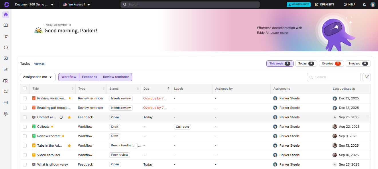 Task management interface showing assigned tasks, statuses, and due dates for Parker.