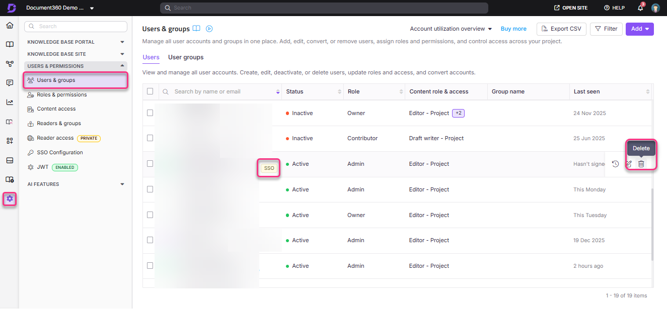 User management interface displaying user roles, statuses, and options for account actions.