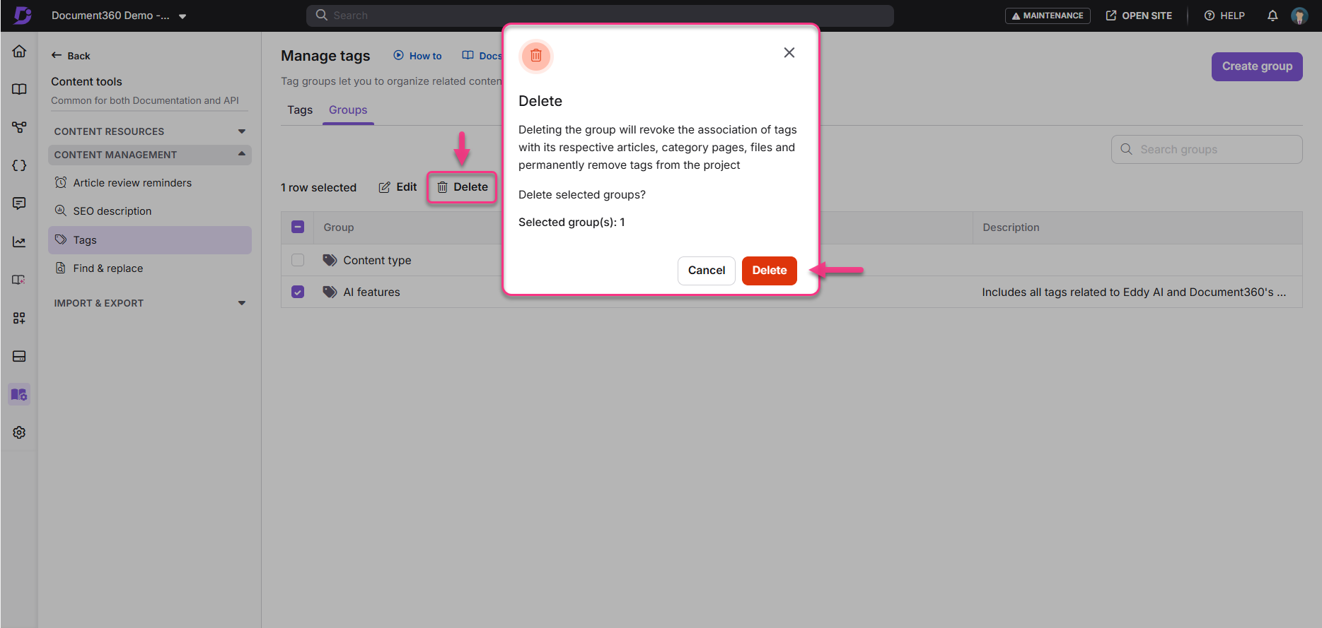 Confirmation dialog for deleting a tag group in Document360 management interface.