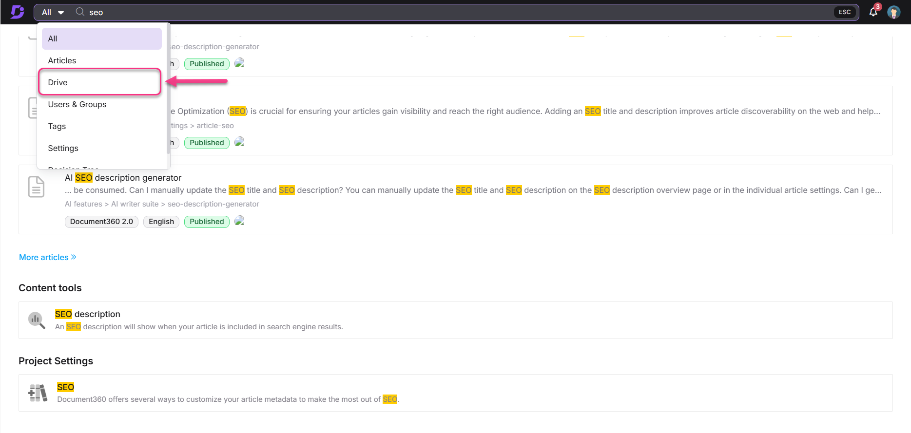 SEO tools and settings overview, highlighting important features for article optimization.