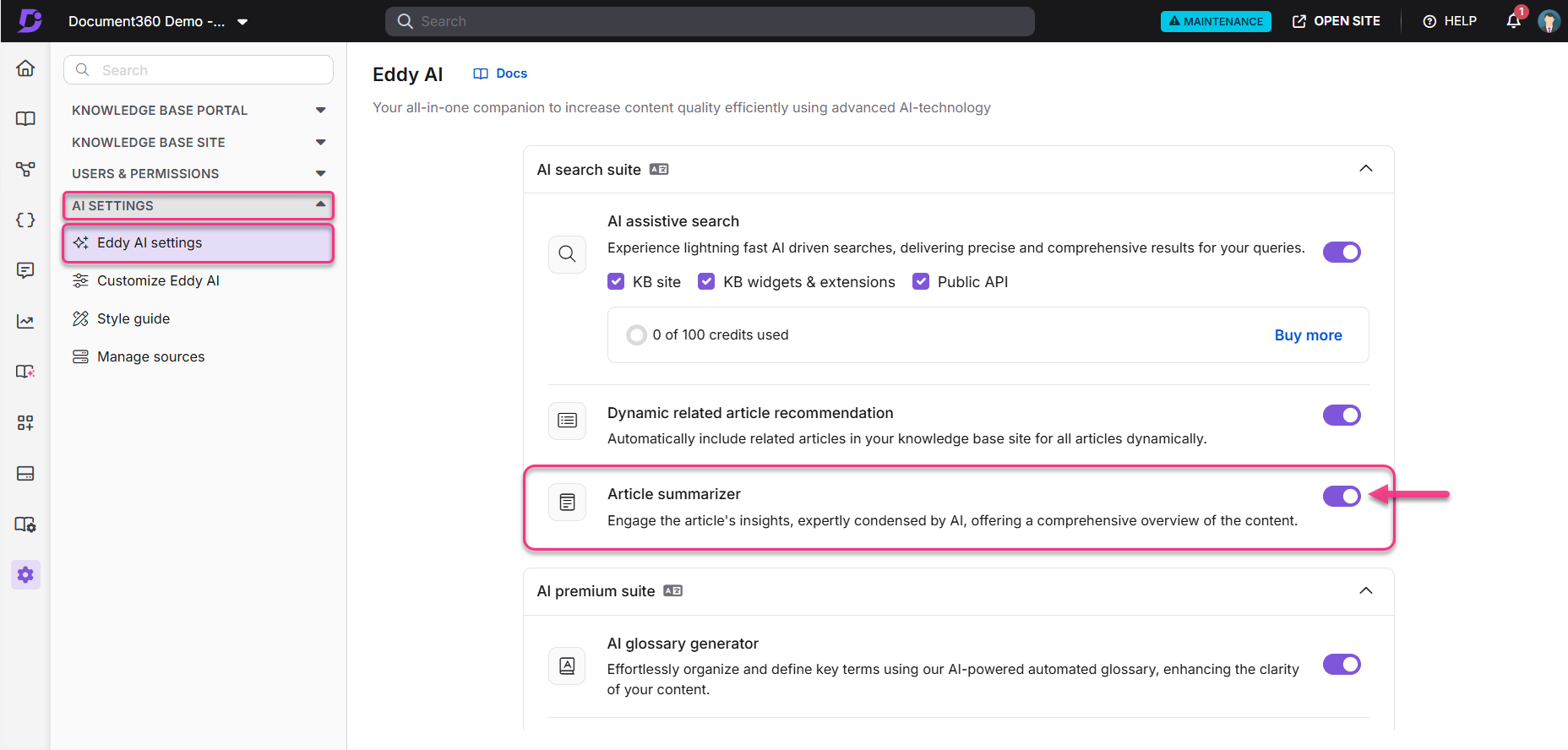Eddy AI settings page highlighting the article summarizer feature for content enhancement.