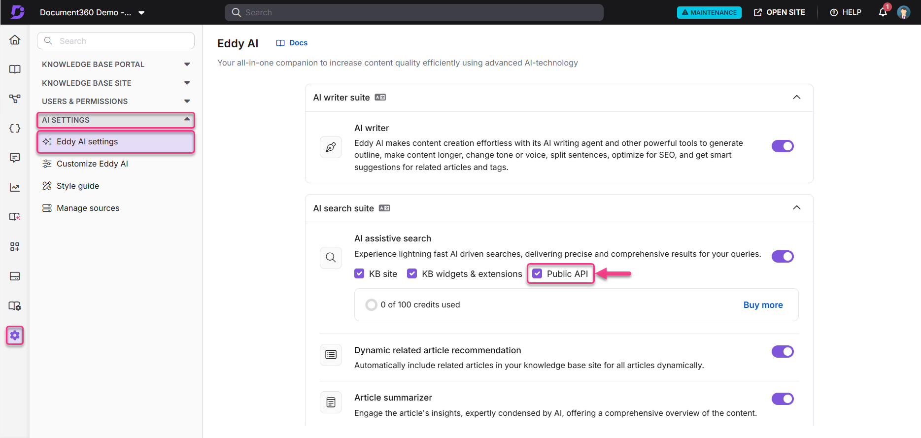 Eddy AI settings page showcasing features like assistive search and public API option.