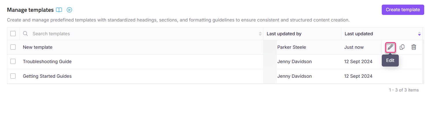 Manage templates interface showing options to create and edit templates effectively.