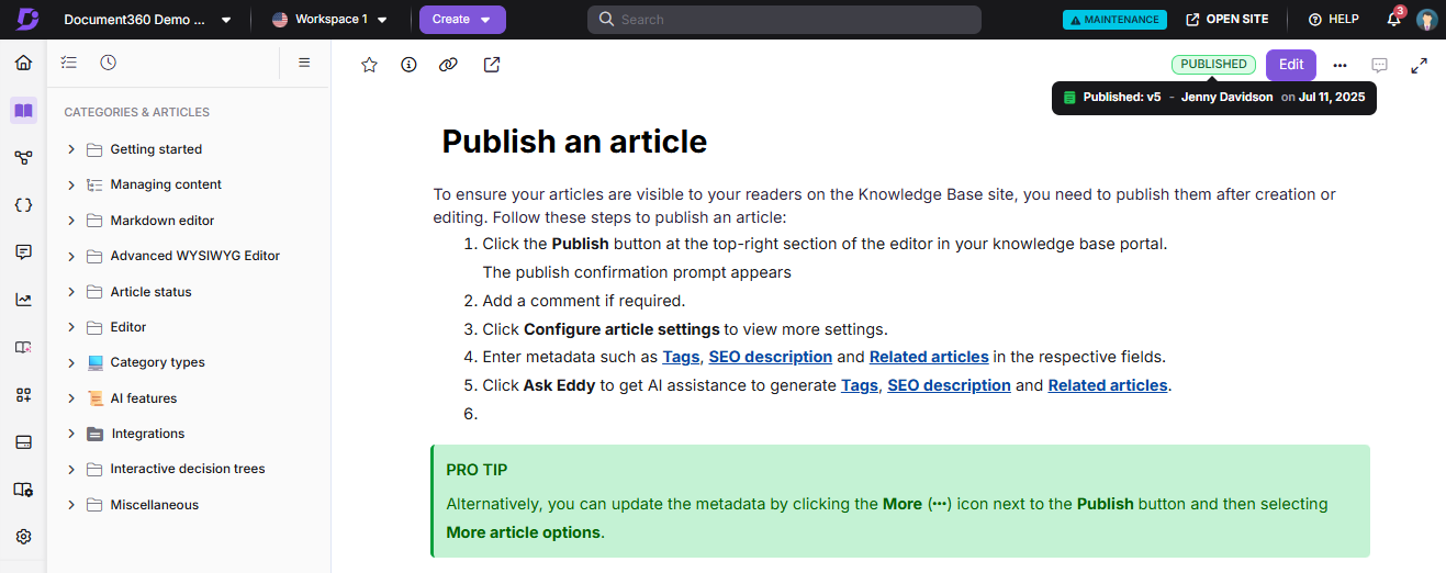 Instructions for publishing an article in the Document360 knowledge base editor.