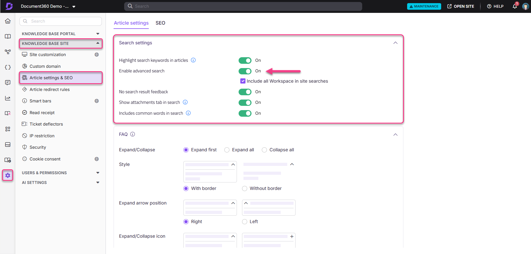 Settings for search features in a knowledge base article management interface.