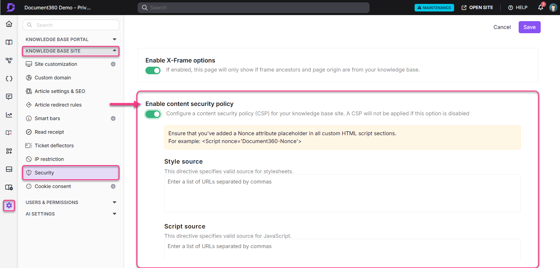 Settings page showing content security policy configuration options and related instructions.
