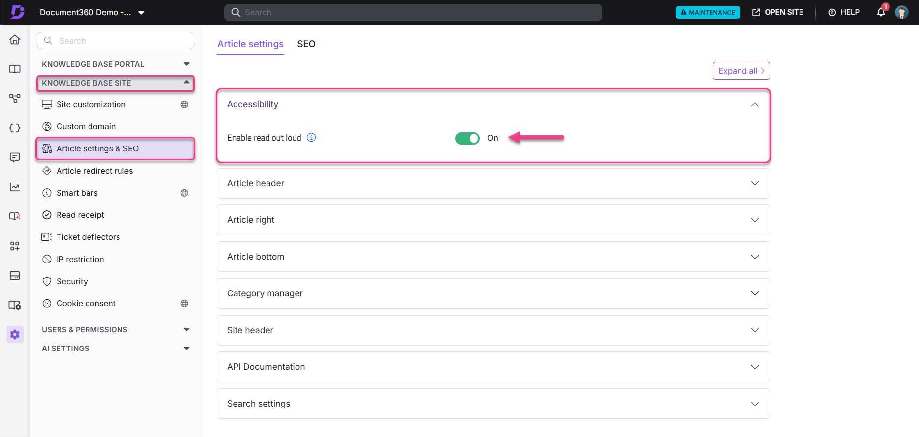 image(169).png Settings page showing accessibility options with toggle for enabling read out loud feature.
