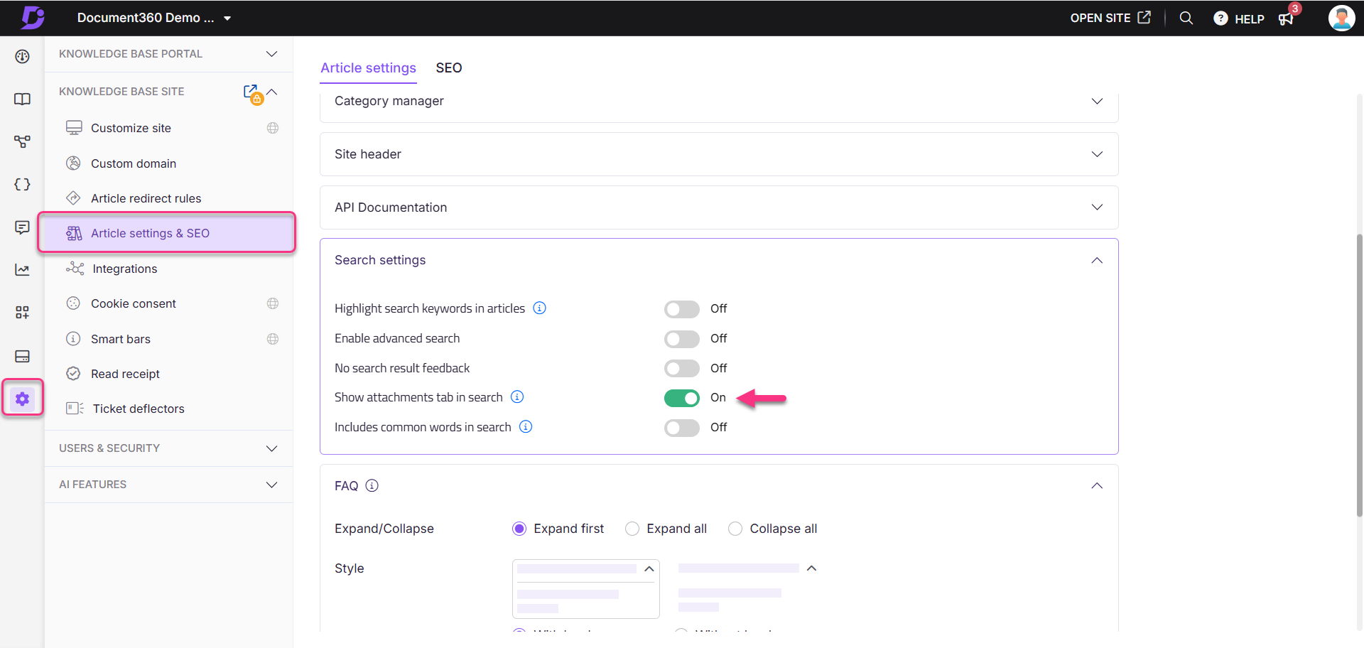 Enabling the "Show attachments tab in search" toggle in the Knowledge base portal.