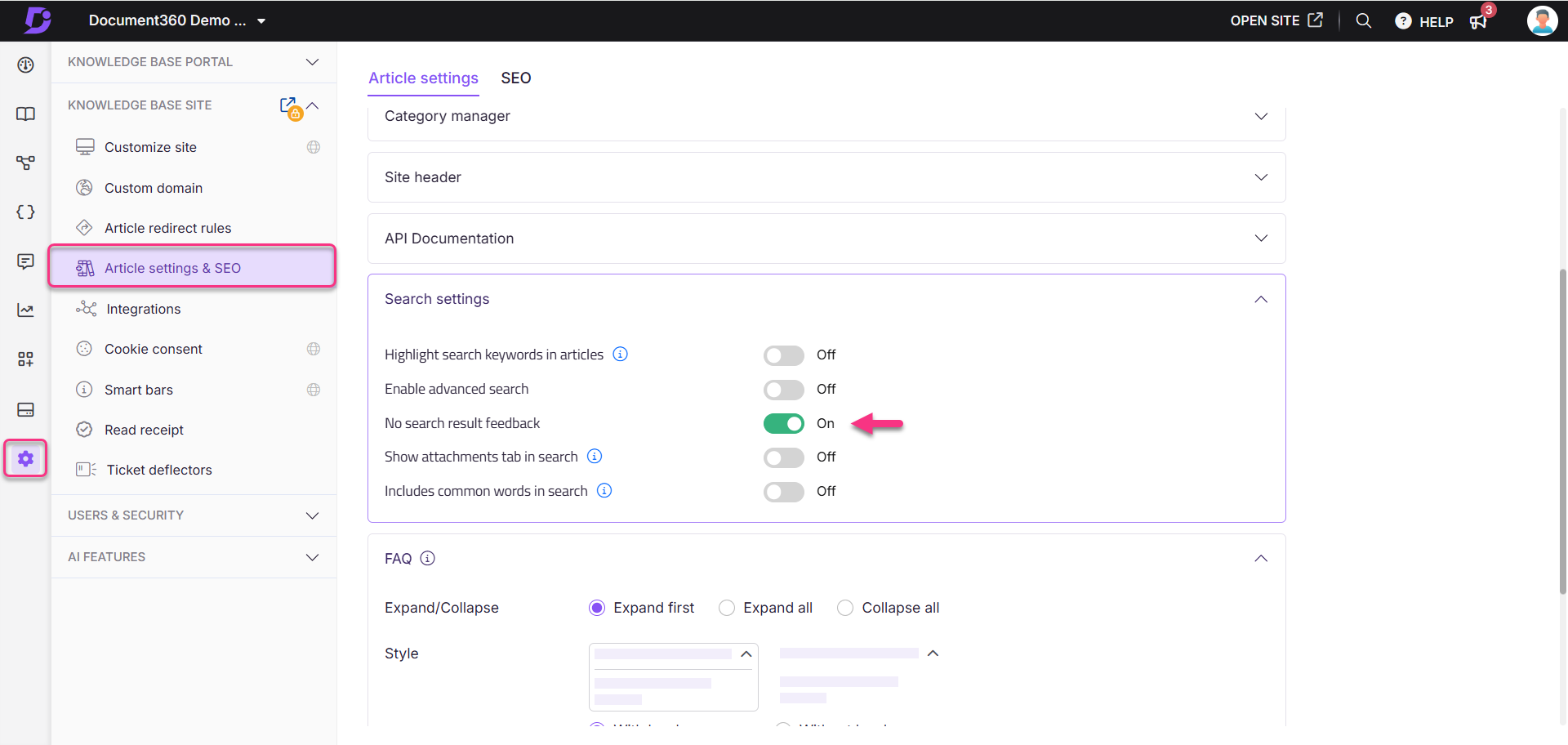 Enabling the "No search result feedback" toggle in the Knowledge base portal.