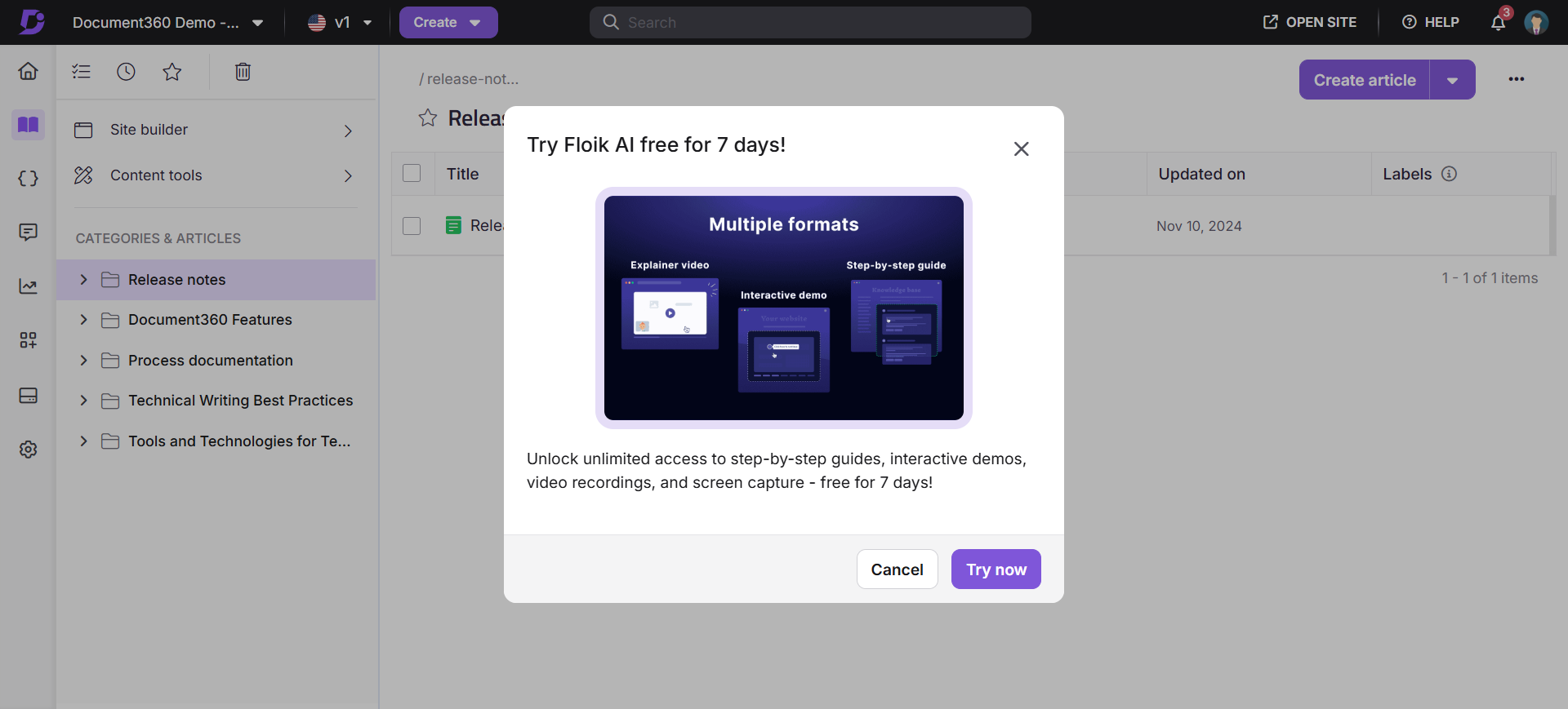 Promotional popup for Floik AI offering a free trial with multiple formats available.