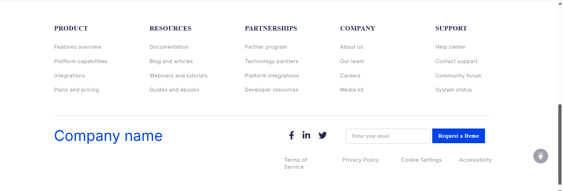Website footer displaying company information, resources, and support options for users.