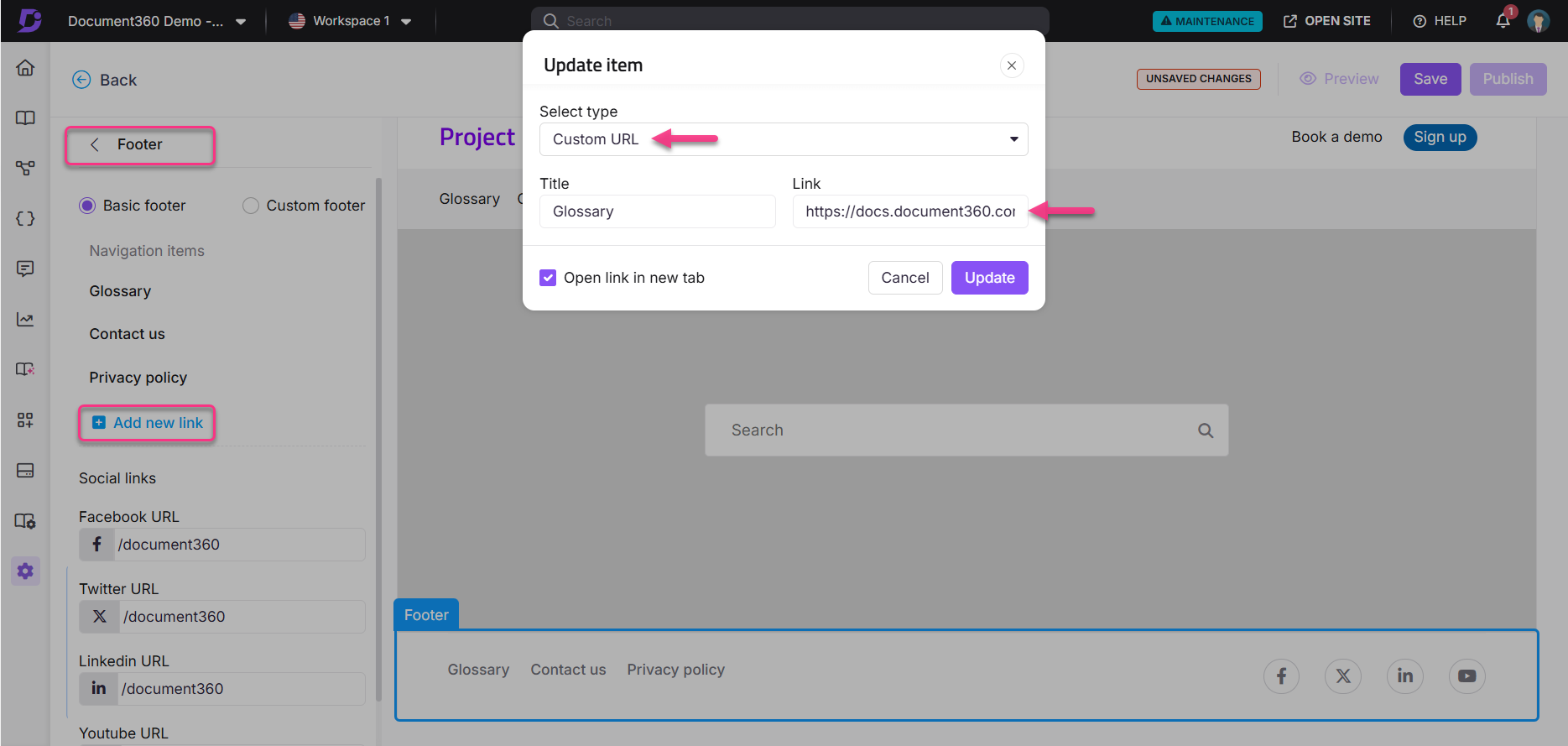 User interface for adding a custom URL link in a project footer section.