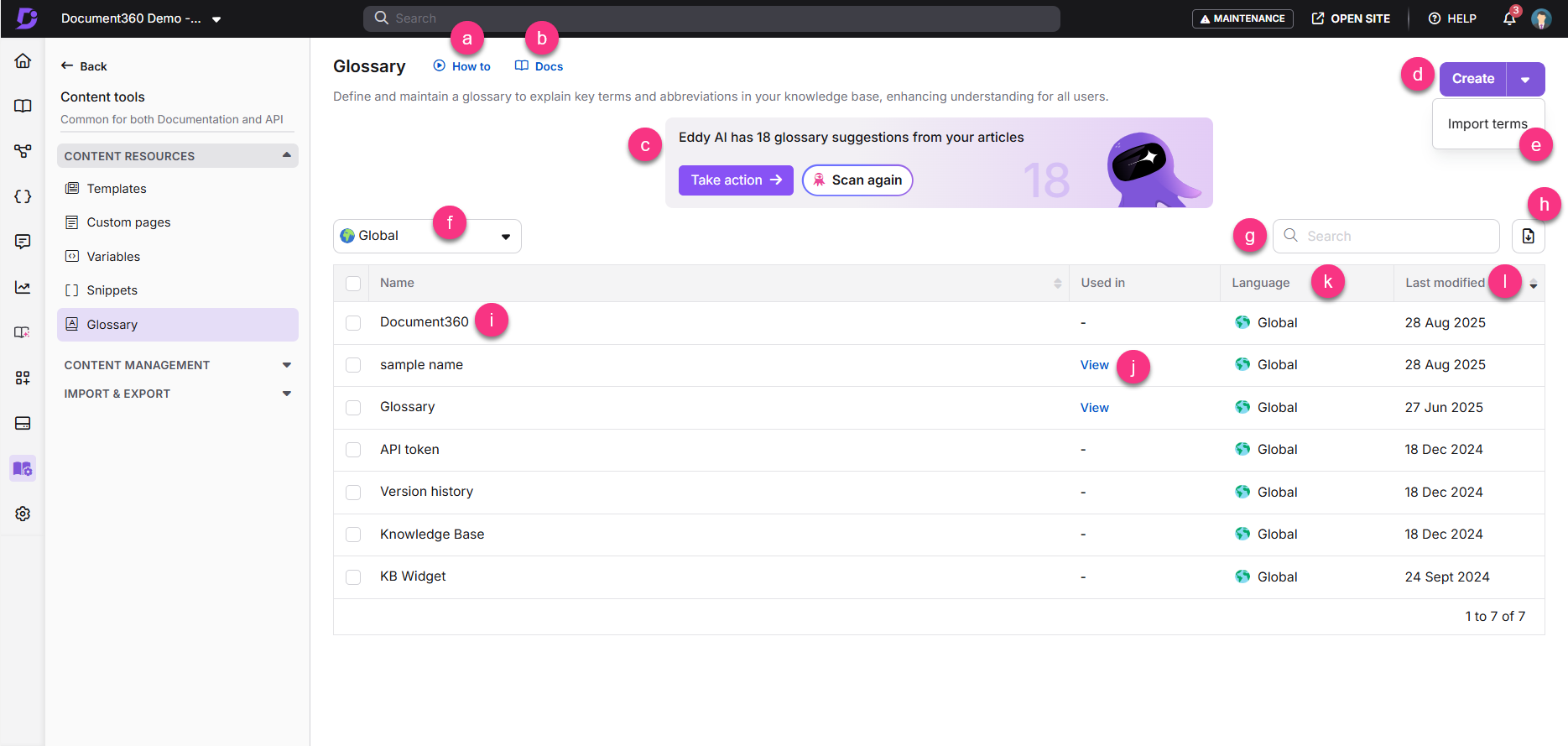 Document360 glossary interface displaying terms, actions, and usage details for users.