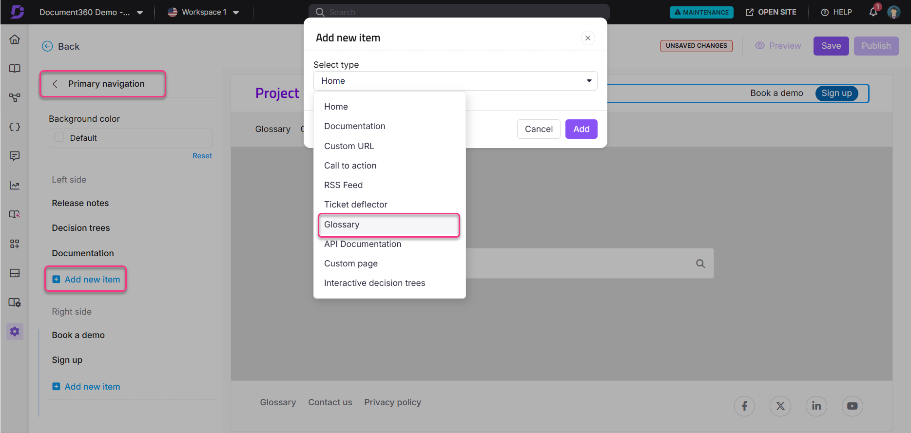 Adding a new item to the primary navigation menu in Document360 interface.