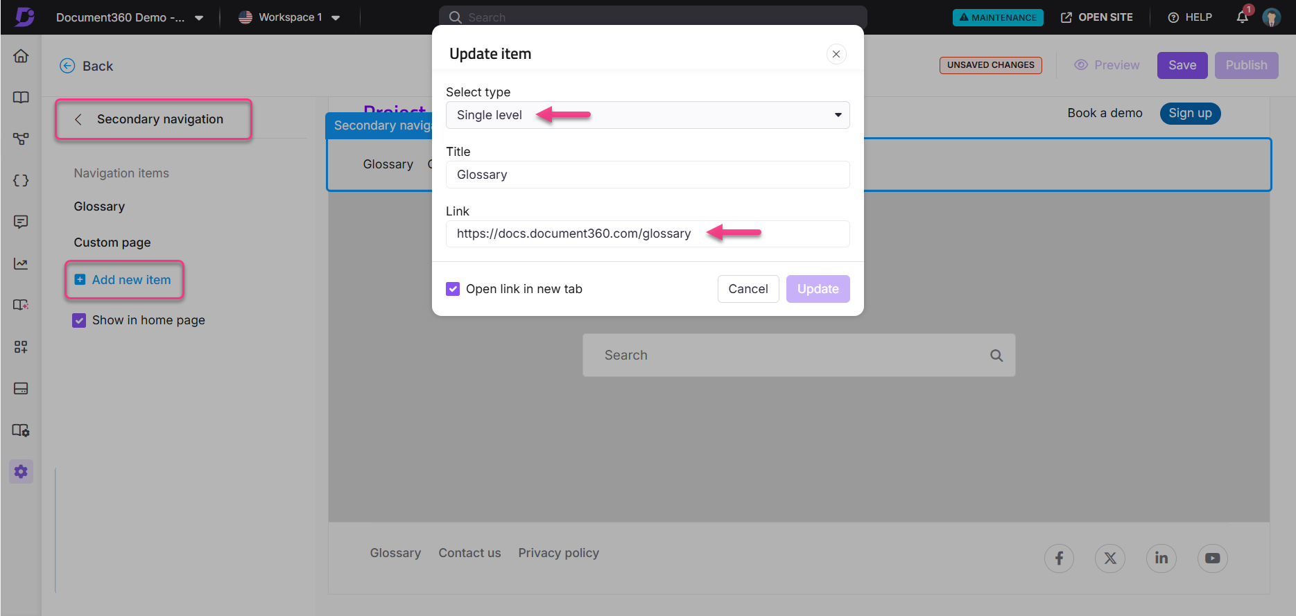 User interface for updating an item with navigation options and link details.